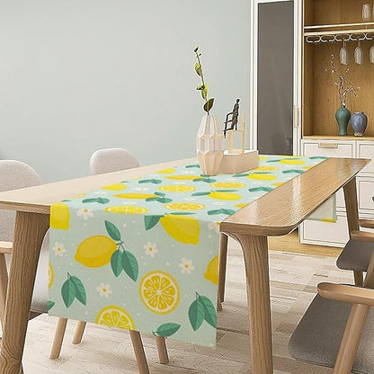Spring Lemon Table Runner, Summer Seasonal Green Leaves Flowers Yellow Fruit Print Table Runner for Farmhouse Kitchen Dining Table Home Party Decor 13x108in