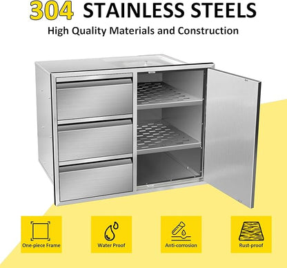 Outdoor Kitchen Door Drawer Combo Cabinet 28" W x 22" H x 19.5" D Stainless Steel Built-in Triple Drawers&Right Access Door Combo Cabinet for Outdoor Kitchen Island, Patio Grill Station