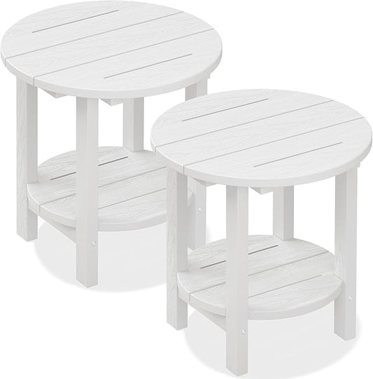 SERWALL Round Outdoor Side Table Set of 2, HDPE Small Adirondack Double End Table, White