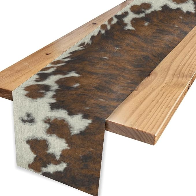 Cow Print Table Runner, Brown Cowhide Print Western Style Table Runner Country Farmhouse Cottage Cow Pattern Linen Table Decoration for Home Kitchen Dining 13x108