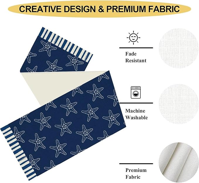 Starfish Table Runner, Summer Coastal Navy Blue Nautical Tropical Rustic Farmhouse Coffee Table Center Decor for Home Kitchen Dining Patio Holiday Party Table Decorations 13"x36"