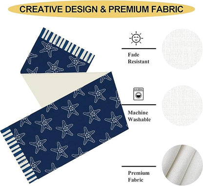 Starfish Table Runner, Summer Coastal Navy Blue Nautical Tropical Rustic Farmhouse Coffee Table Center Decor for Home Kitchen Dining Patio Holiday Party Table Decorations 13"x90"