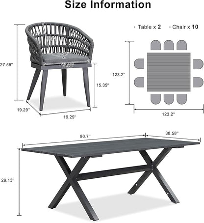 PURPLE LEAF 12 Pieces Outdoor Dining Set All-Weather PE Rattan Outdoor Patio Furniture Set with All Aluminum Frame Rectangular Table and Chairs Set for Lawn Garden Backyard Deck, Grey