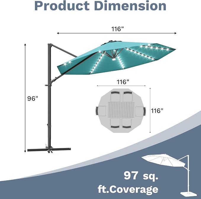Devoko 10ft Solar LED Patio Umbrella, Round Cantilever Outdoor Umbrella - Image 3