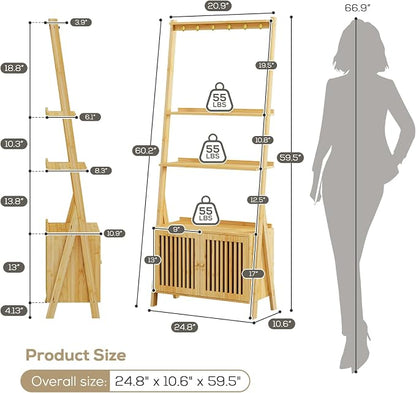 Bookcase with Drawers, 4-Tier Bamboo Bookshelf Ladder Shelf with 6 Hooks - Image 3