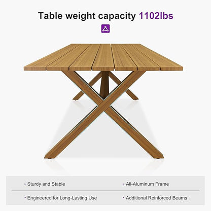 PURPLE LEAF Patio Dining Set for 8 All-Weather Wicker Woodgrain Aluminum 9 Piece Outdoor Table and Chairs Set Included Cushions for Backyard Indoor Decor Kitchen Outdoor Furniture Set Teak Color