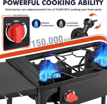 Llamaviva 2 Burner Propane Stove with Windpanel, Camping Stove with Side Shelves, 150000 BTU Propane Burners Removable Legs & Regulator Hose & Carrying Bag