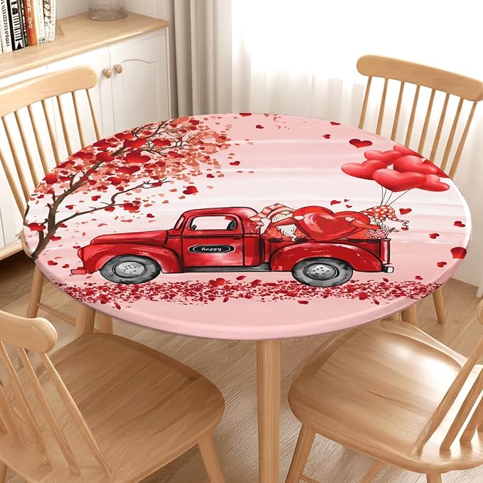 Valentines Day Round Fitted Tablecloth with Elastic Pink Red Heart Circle Table Cloth for 48-52" Round Tables Wipeable Waterproof Washable Gnome Truck Valentine Table Cover for Dining Picnic Party