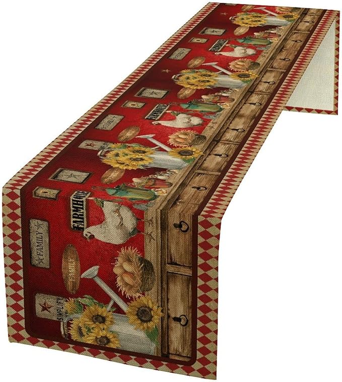 Rooster Table Runner, Rustic Farmhouse Country Cottage Farm Animal Sunflower Retro Checked Table Runner Seasonal Holiday Home Kitchen Dining Table for Home Party Decor 13"x36"