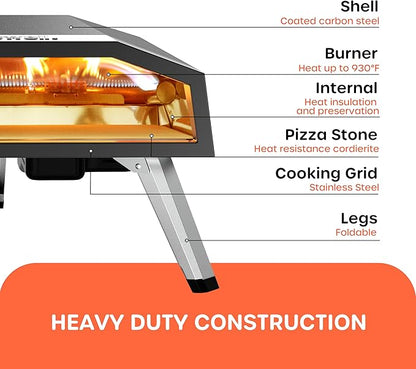 Ecowell Gas Pizza Oven – 12" Pizza Maker with Gas Regulator, Outdoor Energy-saving Propane Pizza Cooker, with Pizza Stone/Peel/Cutter/Infrared Thermometer (12 Inches)