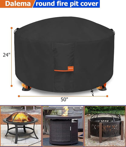 Fire Pit Cover,Outdoor Heavy Duty 600D 100% Waterproof Fire Pit Cover Round,Weatherproof Firepit Covers Round 50" Dia x 24" H,Black