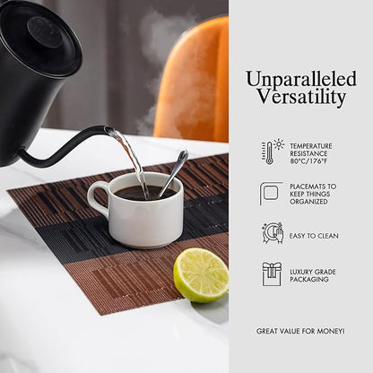 Placemats Set of 8 - Easy Clean Woven Vinyl Placemats for Dining Table, Indoor/Outdoor Place Mats, Washable PVC Table Mats （Ombre Brown Black）