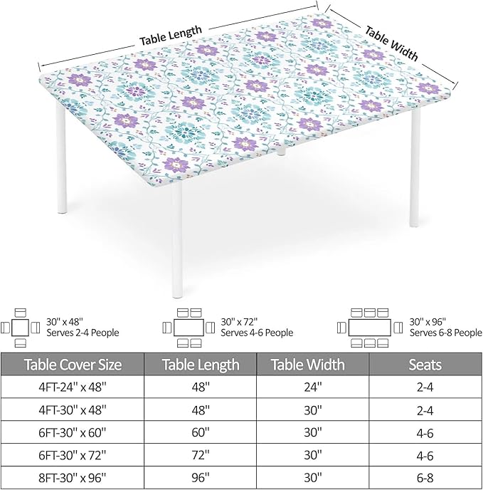 Rectangle Table Cloth Cover Waterproof Elastic Fitted Polyester Fitted Tablecloths for 4 Foot Tables for Indoor,Picnic, Camping, Outdoor （48" x 30"，Geometric Flowers）