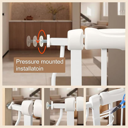 Baby Gate for Stairs No Drill 38.58-43.31 Inch, Pressure Mounted Metal Child Safety Dog Gates for Doorways, Walk Through Pet Indoor Auto Close, White