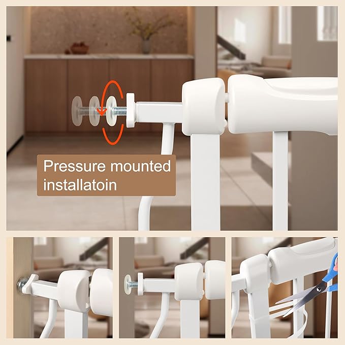 Baby Gate for Stairs No Drill 33.86-38.58 Inch,Pressure Mounted Metal Child Safety Dog Gates for Doorways,Walk Through Pet Gate Indoor Auto Close,White