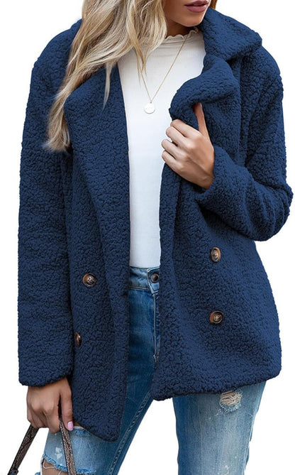 Women's Winter Warm Plush Cardigan Fuzzy Fleece Lapel Jacket with Buttons Pockets Long Sleeve Casual Outerwear