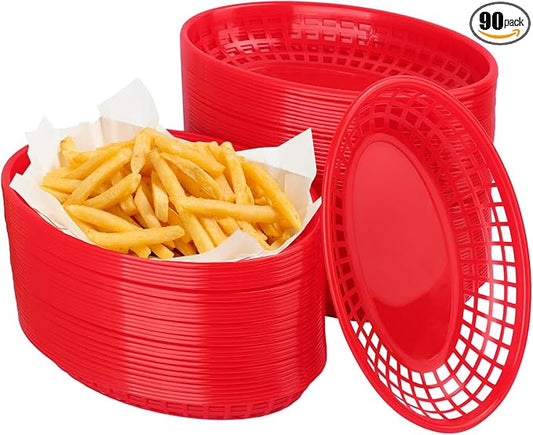 90 Pcs 9 x 5.7 Inch Reusable Oval Fast Food Baskets, Sturdy Plastic Serving Baskets for Fast Food, Parties, Picnics, BBQs and Snacks, by KUKLIPJIM.(Red)
