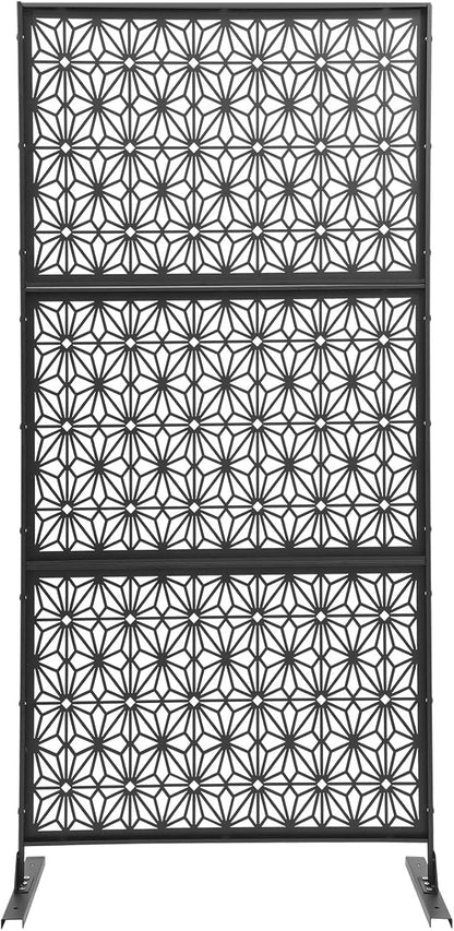 75" H×35" W Decorative Outdoor Privacy Screen with Stand, Outdoor Decor Privacy Fence Screen Metal Fence Panels, Free Standing Metal Divider for Patio Lawn Deck (Black-Small Snowflake)