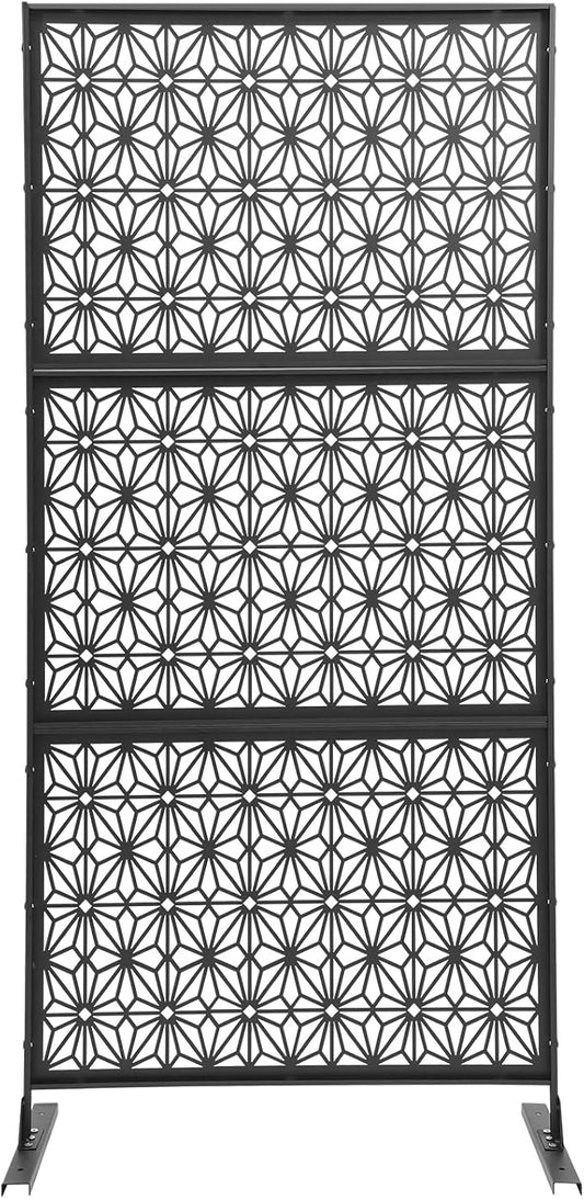 75" H×35" W Decorative Outdoor Privacy Screen with Stand, Outdoor Decor Privacy Fence Screen Metal Fence Panels, Free Standing Metal Divider for Patio Lawn Deck (Black-Small Snowflake)