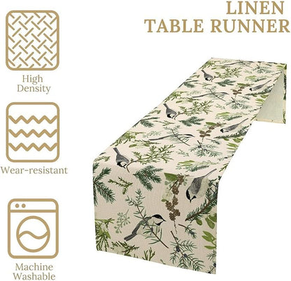 Bird Spring Table Runner,Vintage Watercolor Perching Birds Green Pine Branches Table Runner for Kitchen Dining Table Holiday Indoor Outdoor Home Party Decor 13x70in