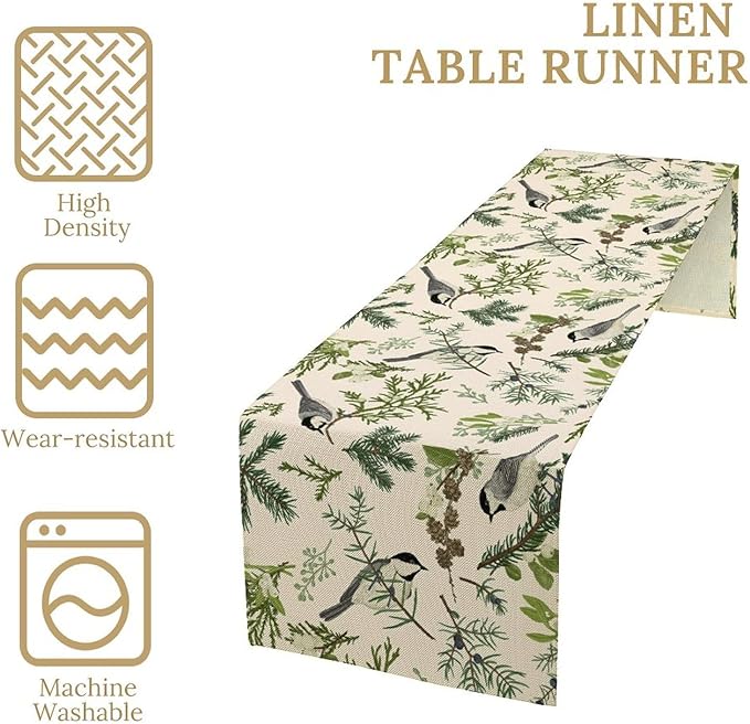 Bird Spring Table Runner,Vintage Watercolor Perching Birds Green Pine Branches Table Runner for Kitchen Dining Table Holiday Indoor Outdoor Home Party Decor 13x120in