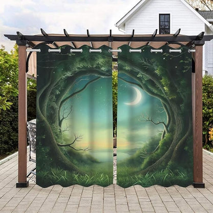 Forest Theme Waterproof Indoor/Outdoor Curtains,Trees Moon Lake Pattern,Weatherproof Outside Curtain for Cabana, Porch, Pergola and Gazebo,2 Panel,54 x 96 inch,Green