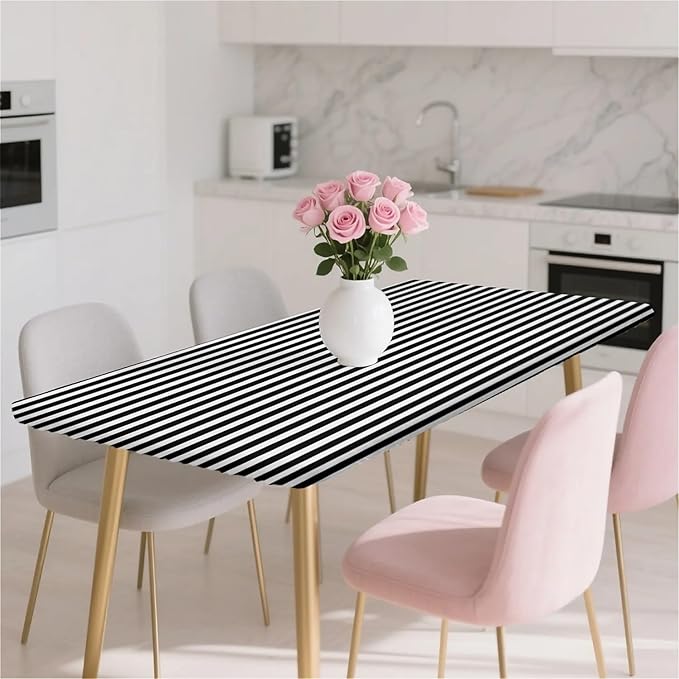 Rectangle Table Cloth Cover Waterproof Elastic Fitted Polyester Fitted Tablecloths for 6 Foot Tables for Indoor,Picnic, Camping, Outdoor （72" x 30"，Stripe）
