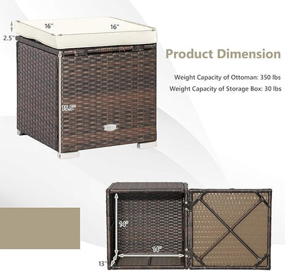 Tangkula 2 Pieces Patio Ottomans, Patiojoy Hand-Woven PE Rattan Side Table with Removable Cushion & Hidden Storage Space, Multifunctional Storage Box, Seat for Patio, Backyard, Poolside (Off White)