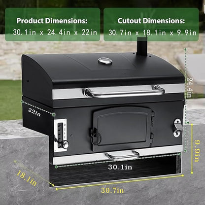 Large Built-in Barbecue Grills, Charcoal BBQ Grills with Liftable Tray, Insulated Hood & Temp Gauge, Black Stainless Steel Charcoal BBQ Barrel Grill for Outdoor Kitchen Camping Park Style