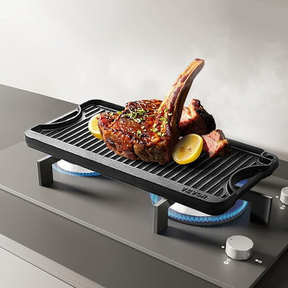 VEVOR Reversible Grill/Griddle, 20x10 inch Pre-Seasoned Cast Iron Griddle, Portable Rectangular Pan with Handle, Family Cookware for Indoor/Outdoor Stove Top Burner, Gas, Camping BBQ, Black