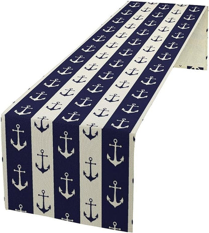Nautical Anchor Table Runner, Ocean Beach Coastal Beach Stripe Background Theme Table Runner for Dining Kitchen Party Holidays Home 13x108in