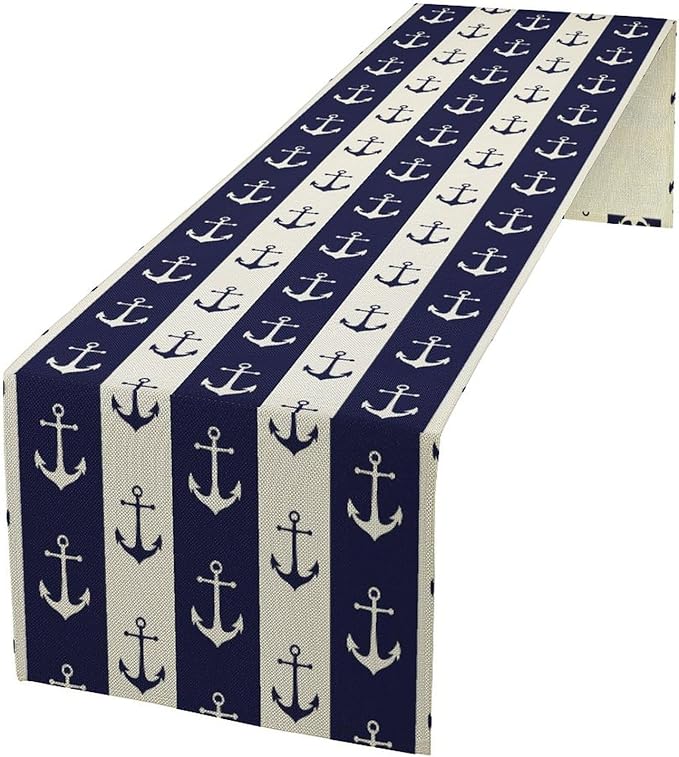 Nautical Anchor Table Runner, Ocean Beach Coastal Beach Stripe Background Theme Table Runner for Dining Kitchen Party Holidays Home 13x60in