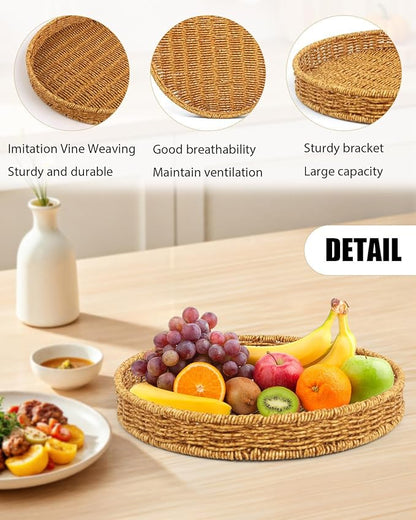 Woven Bread Basket, 3 Pack Wicker Fruit Baskets Rattan Bread Basket Poly Wicker Bread Baskets With Handles For Food Serving, Display, Vegetables, Home Kitchen, Restaurant, Outdoor (Round set)