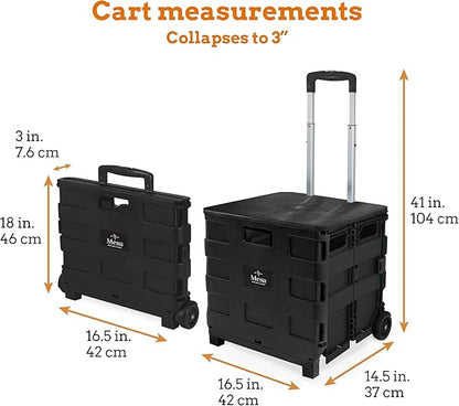 Inspired Living Collapsible Ultra-Slim Pack-N-Roll,2 Wheel Utility Cart w/Lid used as Seat up to 250 Lbs, Telescopic Handle - Super Strong, for Home, Garden, Shopping, Office, School use, Large, Black