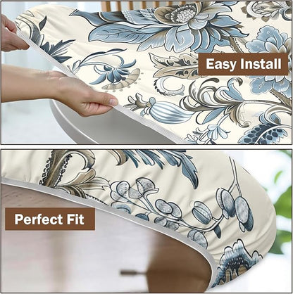 Vintage Floral Round Fitted Tablecloth with Elastic Blue Brown Chinoiserie Flower Circle Table Cloth for 44-48" Round Tables Wipeable Waterproof Elegant Rustic Table Cover for Dining Patio Picnic