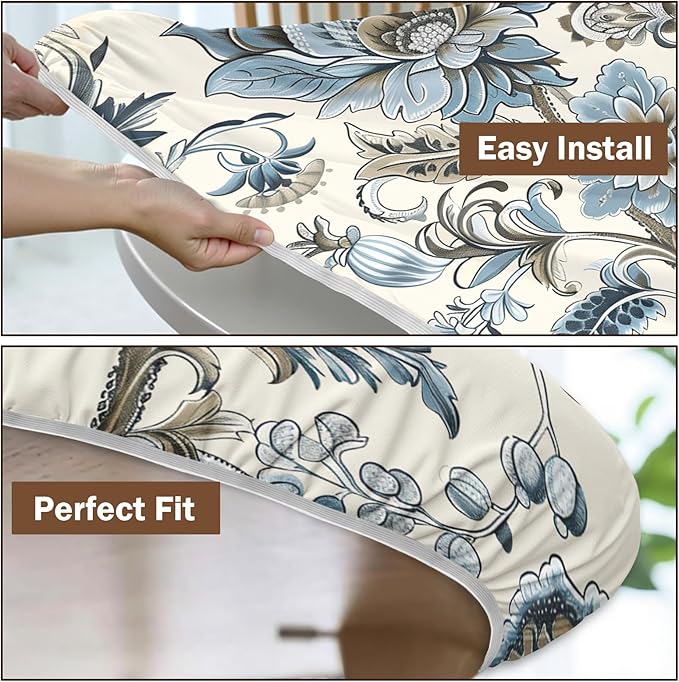 Vintage Floral Round Fitted Tablecloth with Elastic Blue Brown Chinoiserie Flower Circle Table Cloth for 40-44" Round Tables Wipeable Waterproof Elegant Rustic Table Cover for Dining Patio Picnic