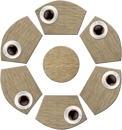 PIGCHCY Wedge Shaped Placemats Set of 6 with Centerpiece Round Mats Washable Kitchen Placemats Heat-Resistant Table Mats(Beige)