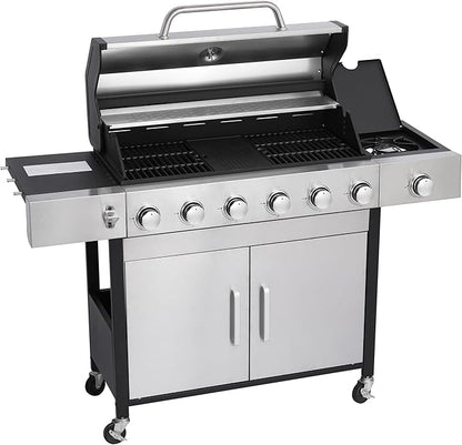 6-Burner Gas Grill with Side Burner, 65850 BTU Outdoor BBQ Grill, 620 sq in Cooking Area with Cast Iron Grates, Enameled Steel Lid & Built-in Thermometer for Patio, Garden, Family Gatherings