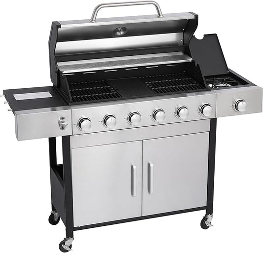 6-Burner Gas Grill with Side Burner, 65850 BTU Outdoor BBQ Grill, 620 sq in Cooking Area with Cast Iron Grates, Enameled Steel Lid & Built-in Thermometer for Patio, Garden, Family Gatherings