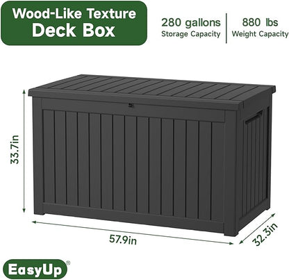 EasyUp 280 Gallon Deck Boxes Waterproof, Outdoor Large Storage Boxes with Lids, Outside Resin Storage Box & Deck Boxes for Patio, Garden Use(Black)