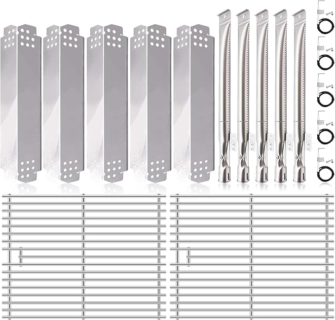 Grill Replacement Parts for Nexgrill 5 Burner 720-0888N, 720-0888, 4 Burner 720-0830H, 720-0783E. 17 Inch Grill Grates, Heat Plates Shield, Burner Tubes and Igniters Kit for Home Depot Nexgrill Parts.