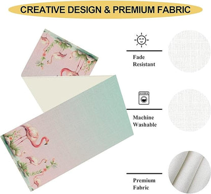 Flamingo Table Runner,Teal Pink Flamingo Family with Flowers Grass Watercolor Style Table Center Decor for Family Kitchen and Living Room Outdoor Farmhouse Party Table Decorations, 13"x108"