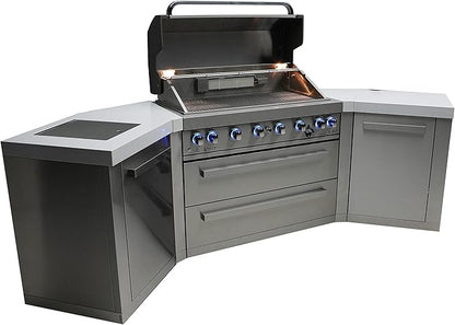 Mont Alpi MAi805-45 44-inch 6-Burner 115000 BTU 45 Degree Stainless Steel Gas Outdoor Kitchen Bar Barbecue Island Grill + Infrared Side & Rear Burners + Granite Countertops + Storage Drawers