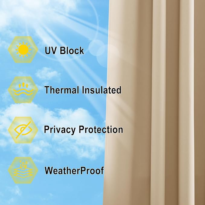 NICETOWN Outdoor Curtains for Patio Waterproof 95" L, Biscotti Beige | Blackout - Image 6