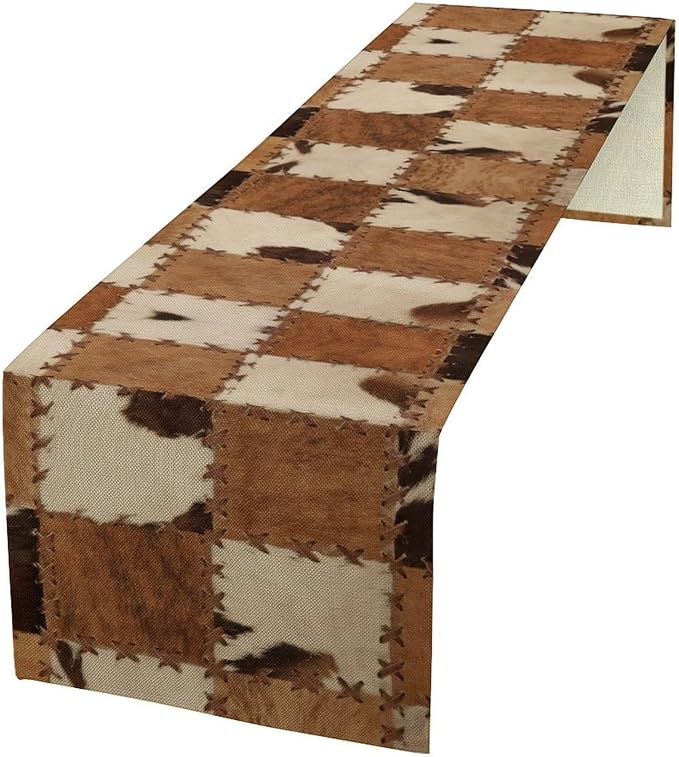 Cowhide Animal Table Runner, Vintage Western Cowboy Patchwork Fur Table Runner for Kitchen Farmhouse Dining Home Banquet Party 13x70in