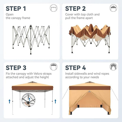 PHI VILLA 10x10 Pop Up Canopy Tent with Sidewalls - Easy Up Tent with Mesh Windows for Ventilation, Waterproof Design - Ideal for Parties, Beach, and Outdoor Events (Beige)