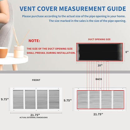 Air Return Vent Cover 20x8 (Duct Opening Size), Cold Air Return Vent Cover, Flat Return Air Grilles, AC Vent Cover, Outer Dimensions:21.75"W x 9.75"H (20"Wx8"H, Duct Opening)