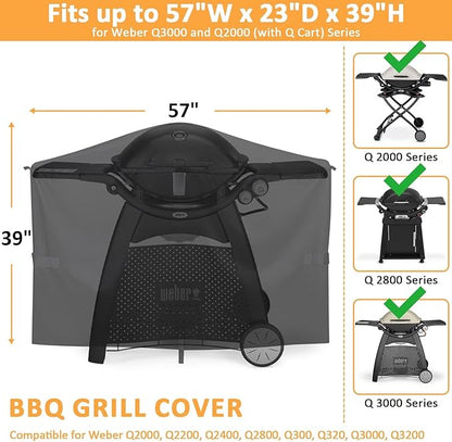 Grill Cover for Weber Q2000, Q2200, Q2400, Q2000N+, Q2800N+, Q300, Q320, Q3000, Q3200 Gas Grills, Replacement for 7112 Cover, 57 Inch Waterproof Full-Length Cover for Weber Q Series Gas Grill on Cart
