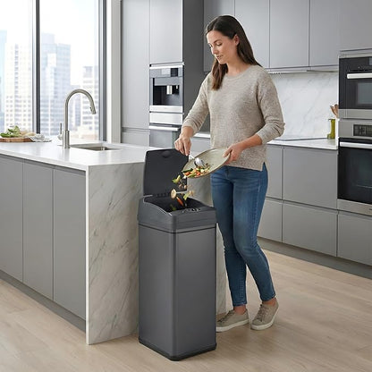iTouchless 50 Liter / 13 Gallon Kitchen Trash Can with Lid & AbsorbX Odor Filter – Motion Sensor Gunmetal Gray Stainless Steel Garbage Bin for Home, Office, or Garage – Slim, Large Capacity Design