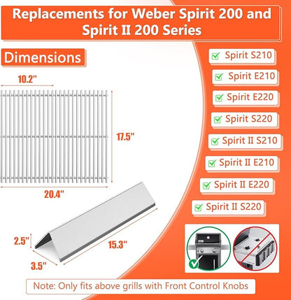 7635 7637 Grill Parts for Weber Spirit E210, E220, S210, S215, Spirit 200 & GS4 Spirit II E210, Spirit II E220 Series with Front Control, SUS304 Stainless 15.3" Flavorizer Bars & 17.5" Grates